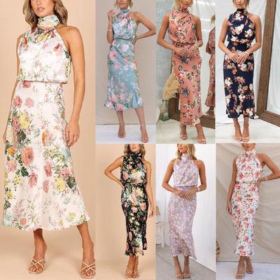 2023 Elegant Sleeveless Halter Neck Printed Satin Dress for Mature Women