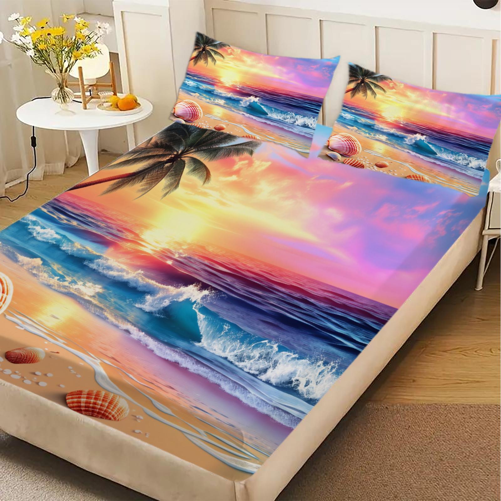 

Beach Sunset Fitted Sheet Set Multicolor Tropical Ocean Waves Palm Trees Seashells Print Bedding With Pillowcases For Bedroom 200x200x25cm