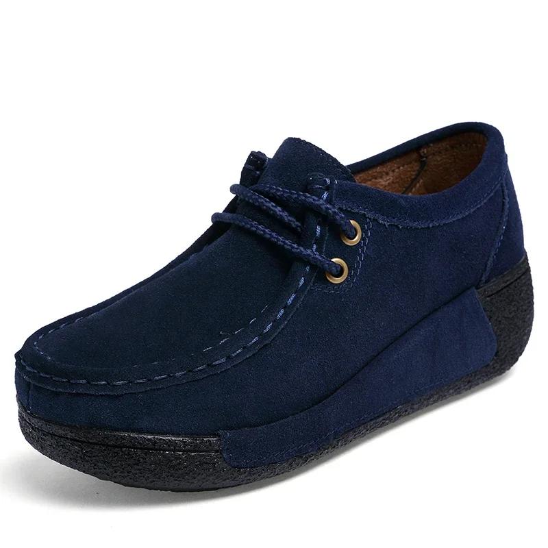 Autumn Thick Bottom Moccasins Loafers Ladies Non-Slip Lace Up Walking Shoes High Quality Cow Suede Spring Casual Shoes Women