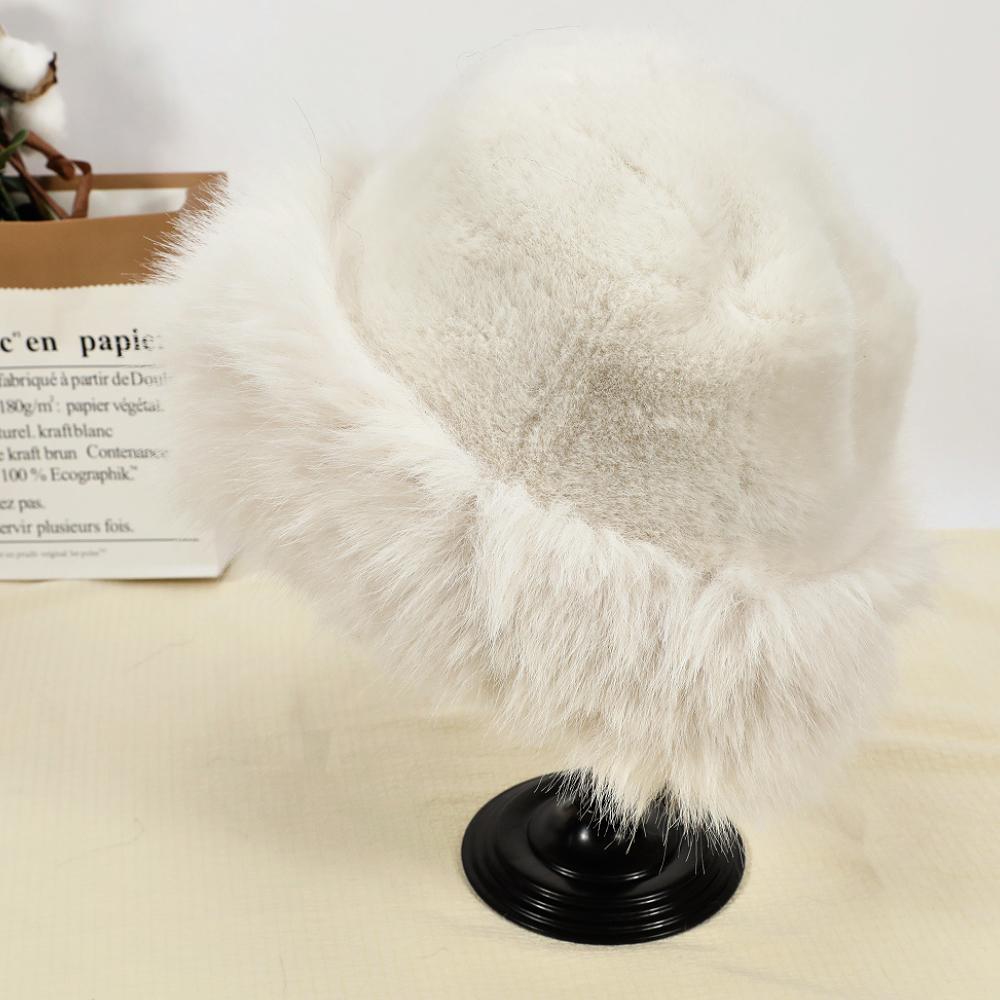 Fashion Big Faux Fur Fluffy Bucket Hat for Women Luxury Plush Winter Hat Thicken Snow Oversized Fur Bucket Hat Soft Panama Cap