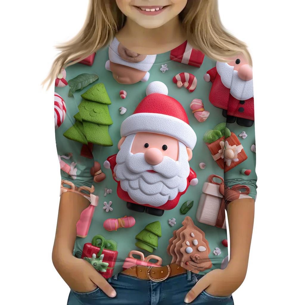 Children's 3/4 Sleeve Round Neck Top Christmas Tree Printed Everyday Casual Top