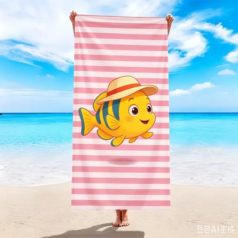 Cute Ocean Animal Beach Towel Large Red Crab on Green Stripes Microfiber Towel for Beach and Pool