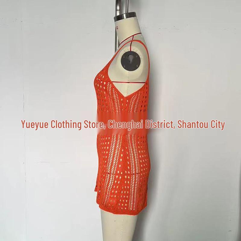 European and American Women's See-Through Spaghetti Strap Knit Beach Dress