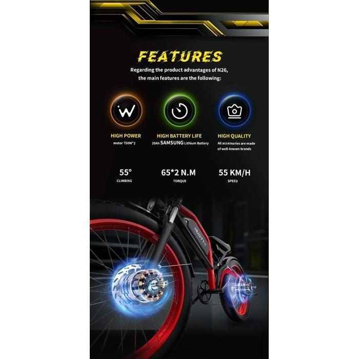 Vélo électrique DUOTTS N26 2*750W 20Ah Samsung Battery 26" 55km/h 120HP Pratique pour voyager, se garer Noir et rouge.