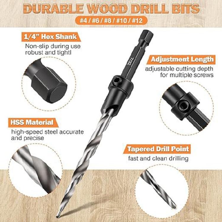 Countersink Drill Bit 1/4'' Hex Shank for #4, 6, 8, 10, 12 Screws Drill Bit Set