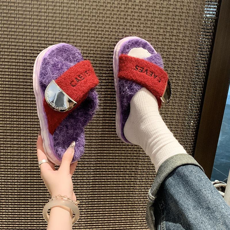 

Thick-bottomed hairy drag women 2025 autumn and winter new outer wear cotton drag dopamine adjustable fat and thin lazy velvet slippers 35