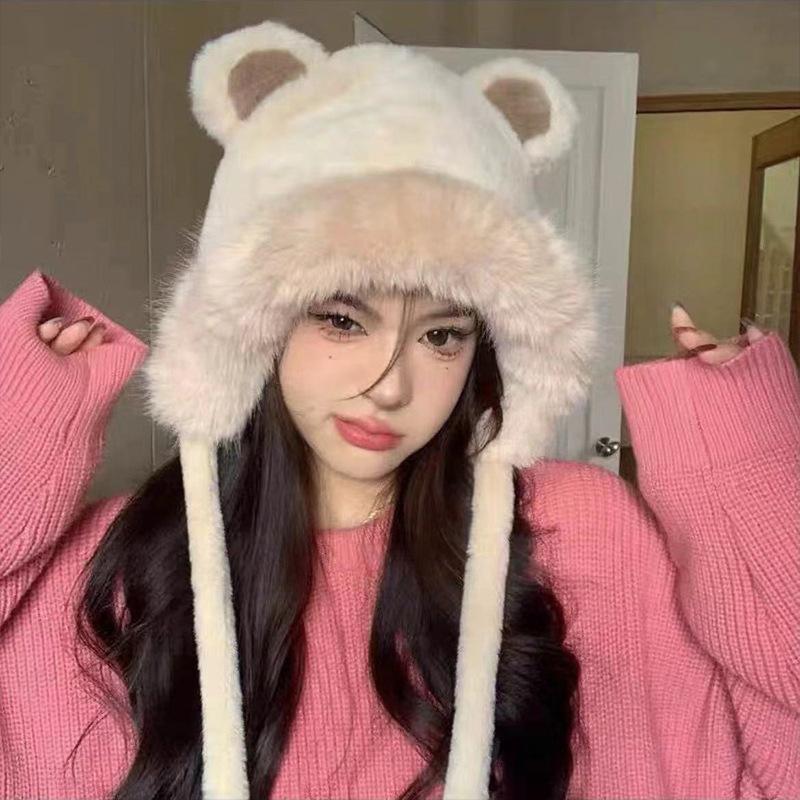 Lei Feng Hat Cold Proof and Warm Plush Bear Hat  Scarf One Piece Hat  Winter Scarf Two Piece Set Cycling One Piece Hat