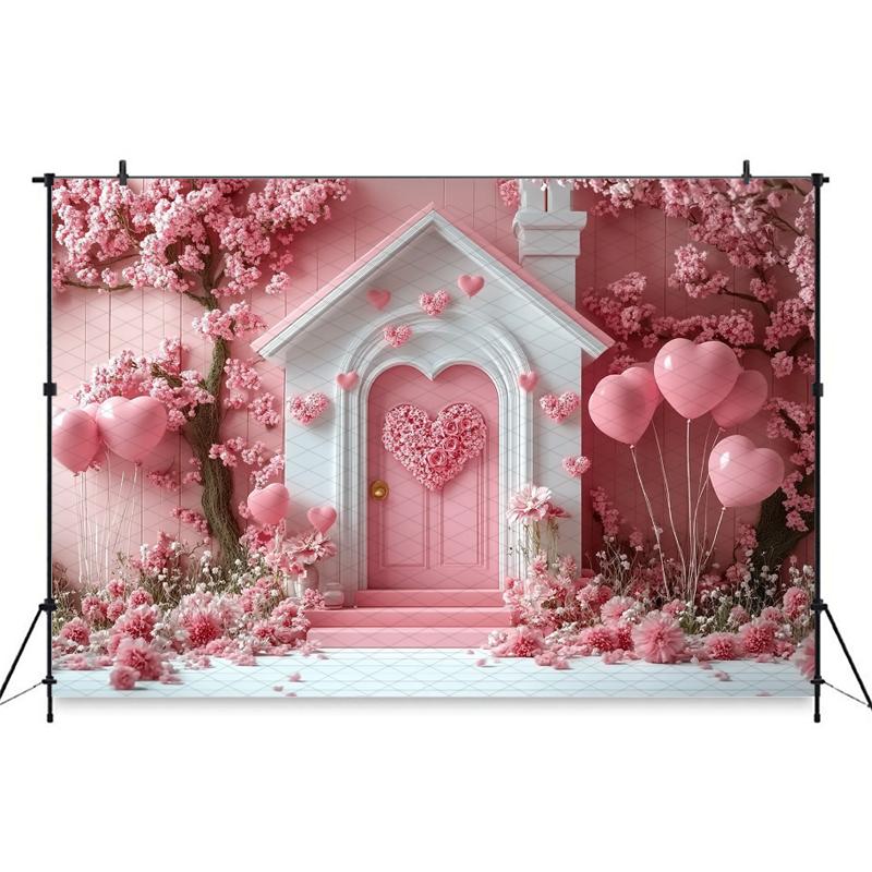 Mocsicka Valentine's Day Photo Backdrop Pink House Tree Balloons Flowers Wallpaper Decorations Wedding Backgrounds Studio Banner