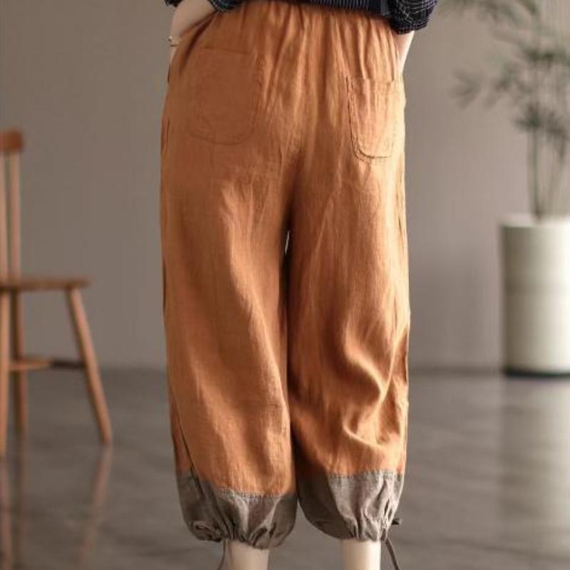 High Quality Cotton and Linen Color Blocked Casual High Waisted Seven Part Harem Pants Lantern Pants