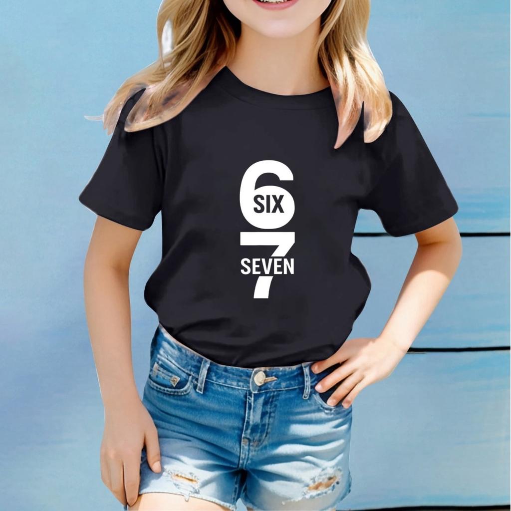 Children Funny Six Seven 67 Meme Print T-Shirt for Kids Humor Round Neck Tee Novelty Gift Girl Top Fashion Children's Clothing