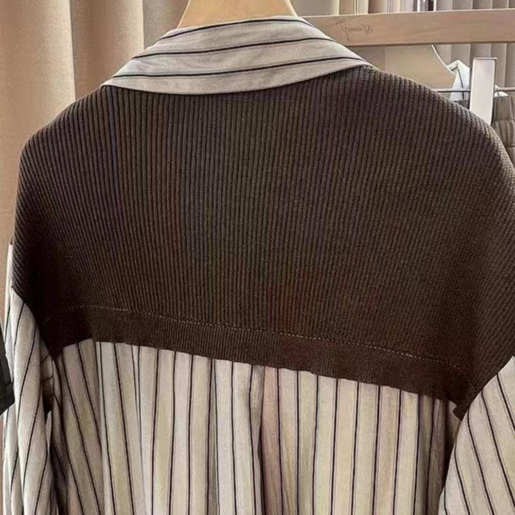 Autumn Maillard Style Fake Two-piece Women Shirt Brown Kintted Shawl Back Vertical Stripe Shirt Blouse French Style Women Shirt
