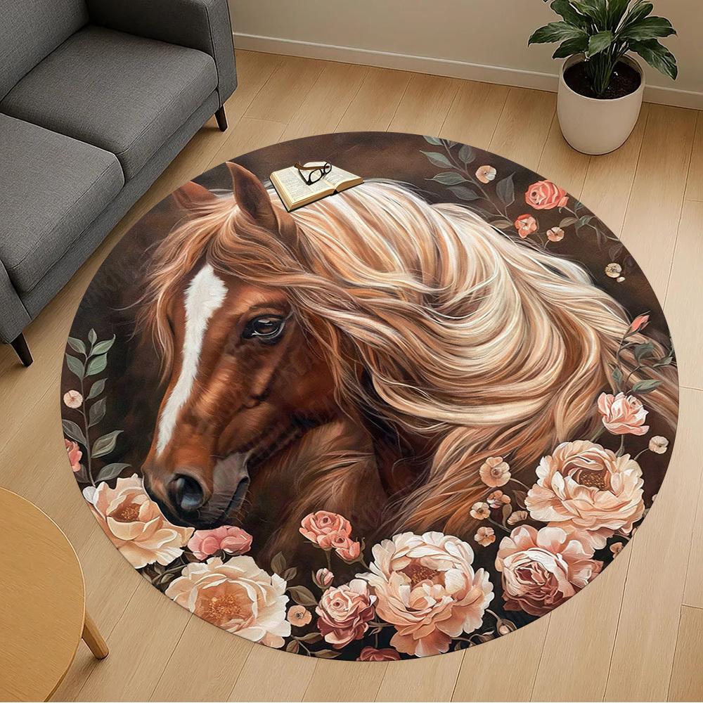 1PC horse flowers Office Round Area Rug, Under Office Chairs Bedroom Living Room Home Decor, Carpet for Office -1110166