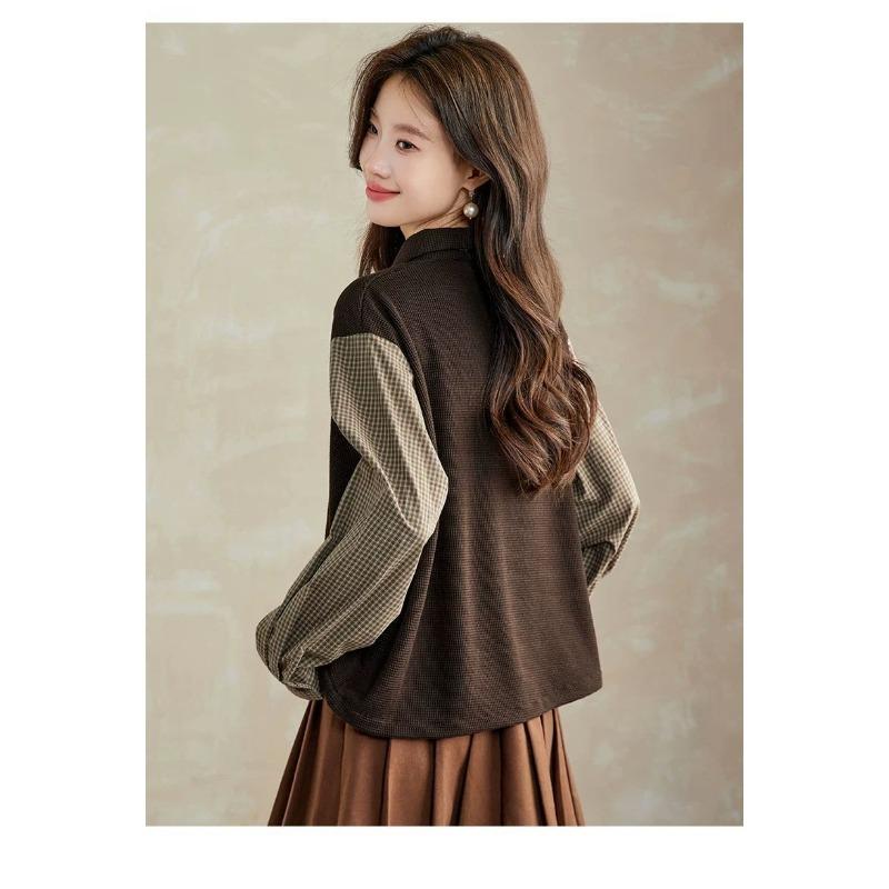 Autumn New Fashion Style Age-reducing Loose Belly-covering Bow Knitted Patchwork Shirt Top for Women