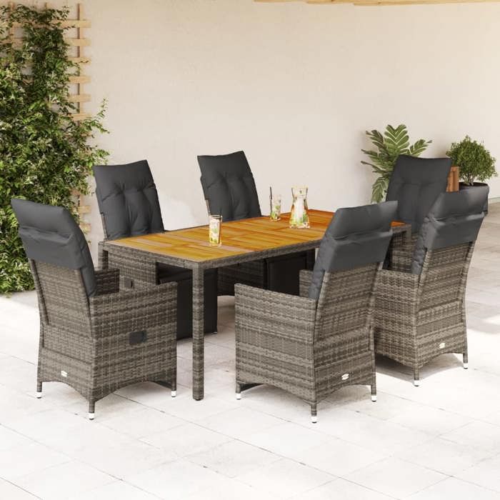 VidaXL Garden Bistro Set 7 Pcs Grey Cushions Poly Rattan, Garden Bistro Set, Balcony Set 3276889