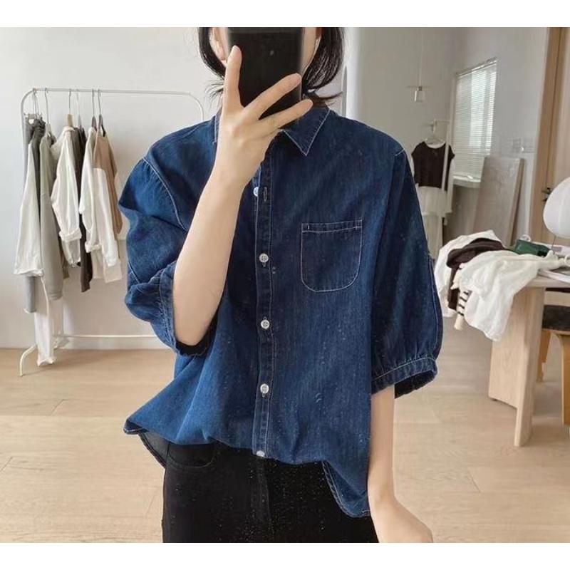 Lantern Sleeve Denim Shirt Women's New Summer Loose Retro Quarter-sleeve Design Simple Top