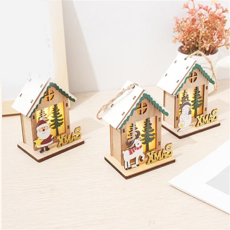 Wooden Christmas House Ornament Battery Power LED Lights Safe Flameless Decoration For Home Christmas Tree Party Crafts