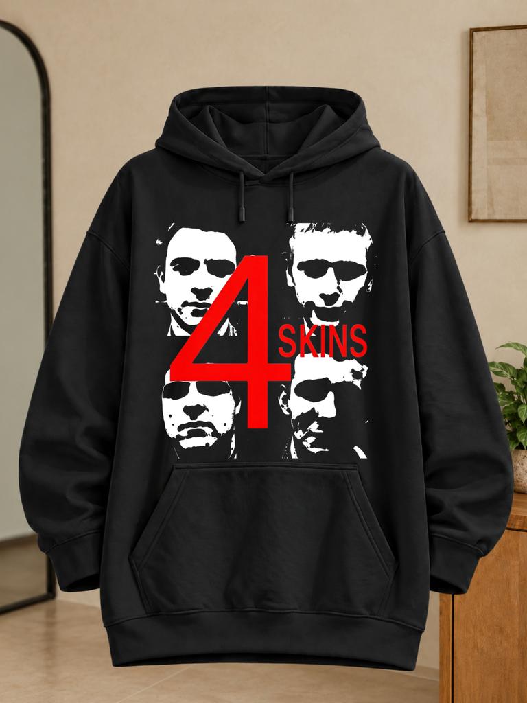 Unisex Suitable for - Hoodie with 4 Skins Graphic (Black/White Face Portraits & Oversized Red Number 4) - Stark Punk Style Round Neck Pullover, Machin