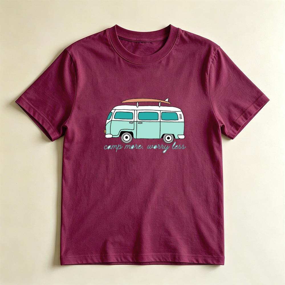 Camp More Worry Less Retro Surf Van Lässiges Grafik-T-Shirt Strand Camping Liebhaber Geschenk T-Shirt Sommer-Vibe Abenteuer Lässiges Hemd