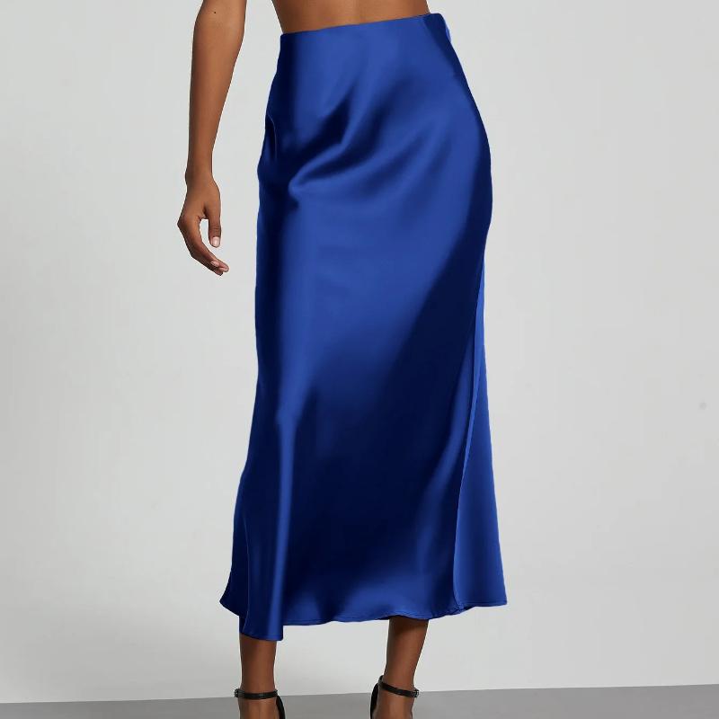 Gonne lunghe eleganti in raso estive da donna, tinta unita, vita alta, moda Faldas