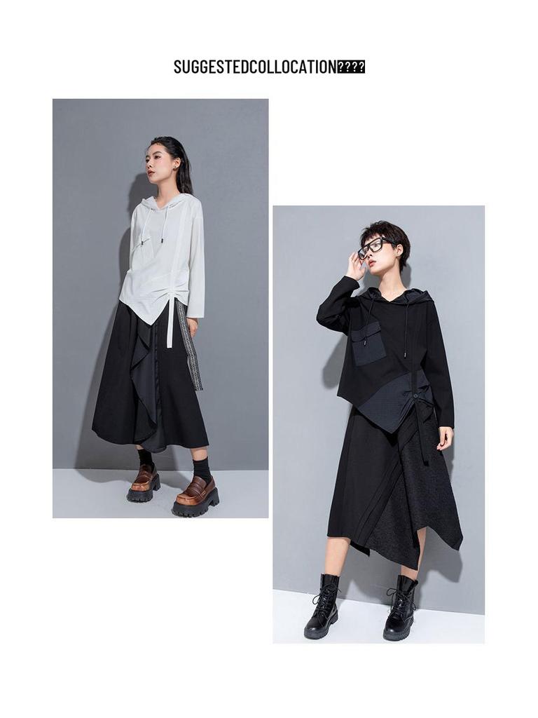 Women's Plus Size Irregular Hooded Patchwork Sweatshirt with Ribbon - Casual Long Sleeve