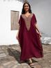 Sexy V-Neck Gold Embroidered Long Beach Dress, Women's Retro Kaftan Loose Beachwear Vacation Swimsuit Bikini Cover-up