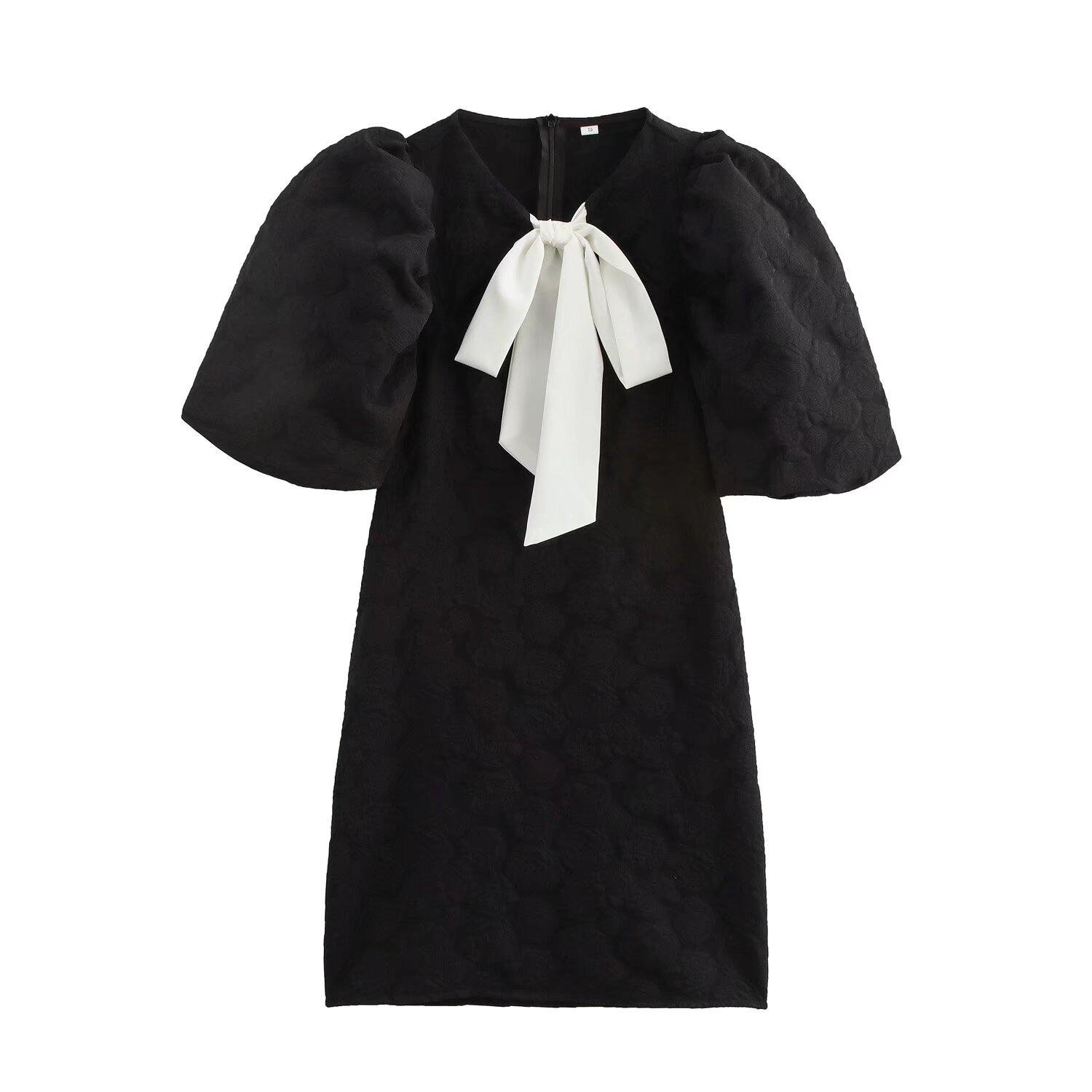 

2024 Winter Women s European & American Color Block Puff Sleeve Dress with Bow Large чёрный