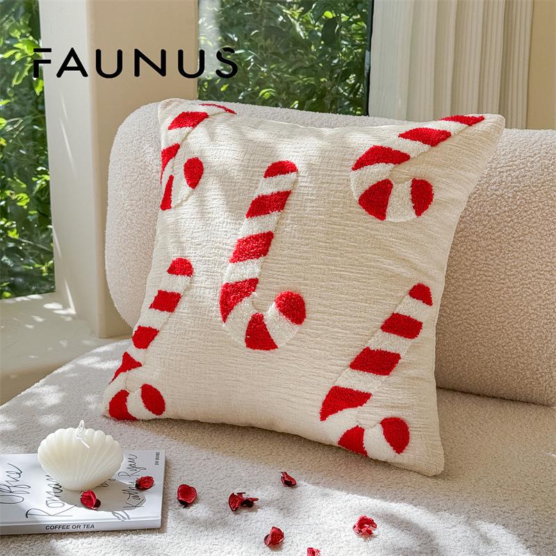 Christmas Embroidery Candy Cane & Santa Hat Tufted Throw Pillow Cover