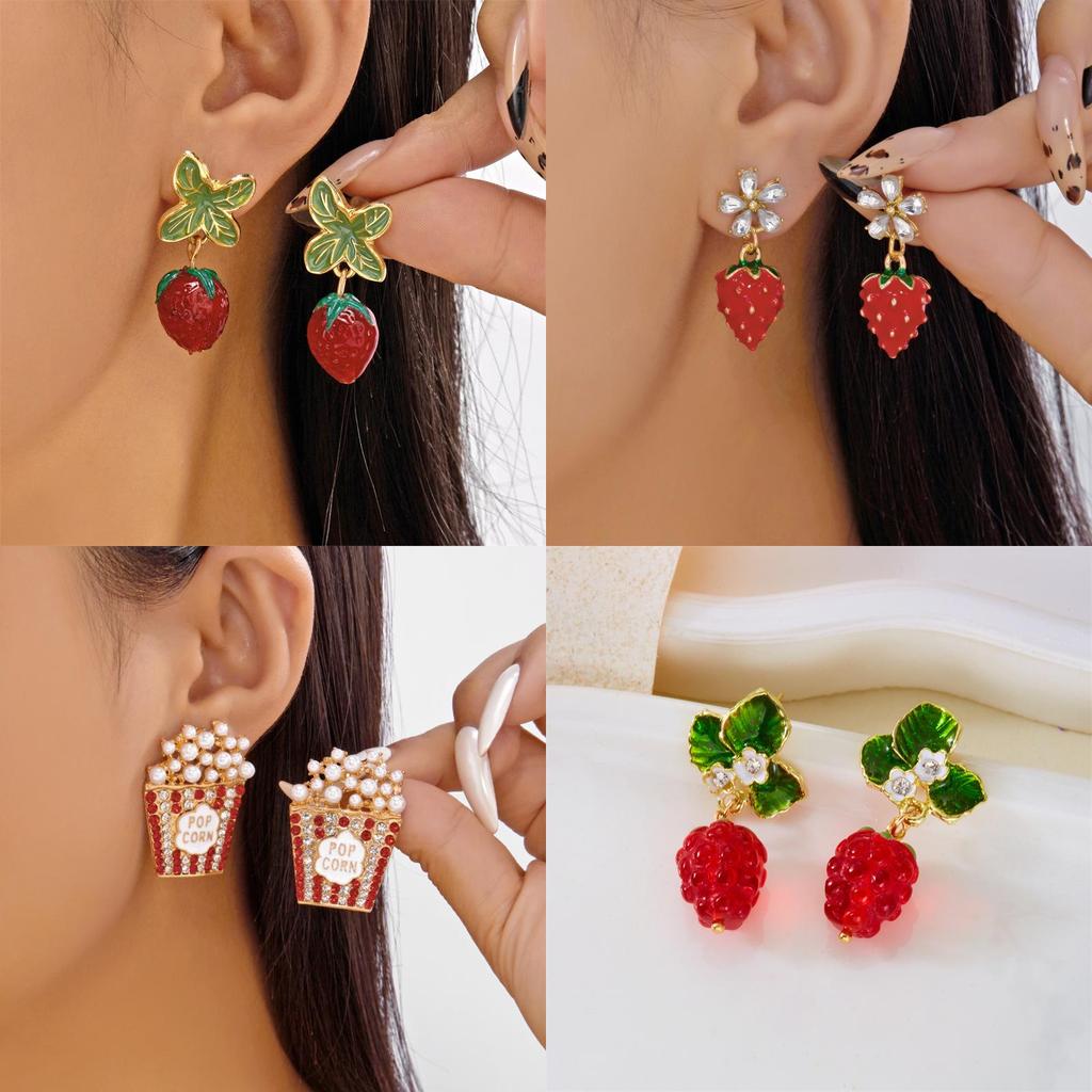 Christmas Strawberry Pendant Earrings With Zinc Alloy Dangle For Women And Men