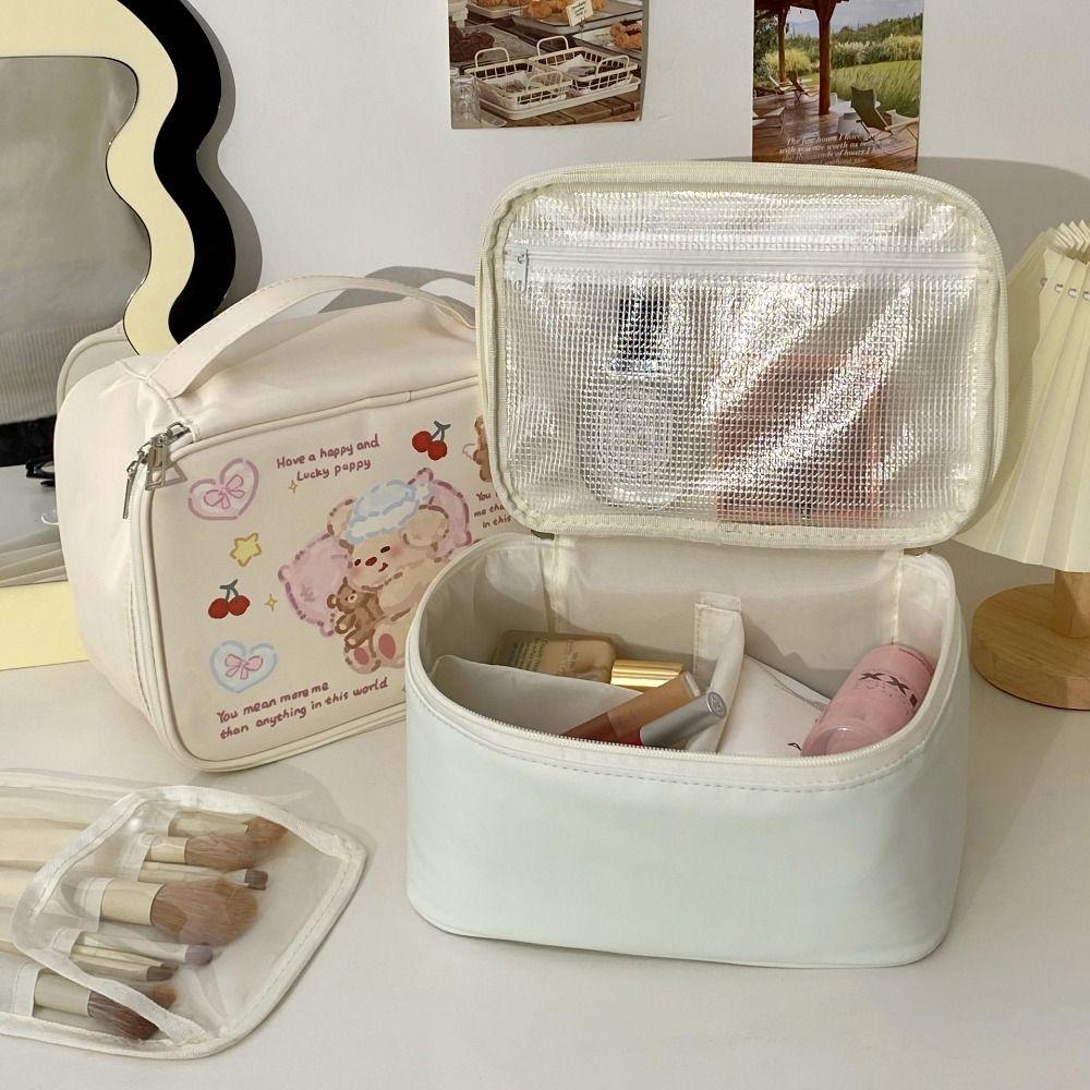 Portable Cartoon Print Sorting Cosmetic Bag Large Capacity with Handle Makeup Bag Square PU Travel Toiletry Bag