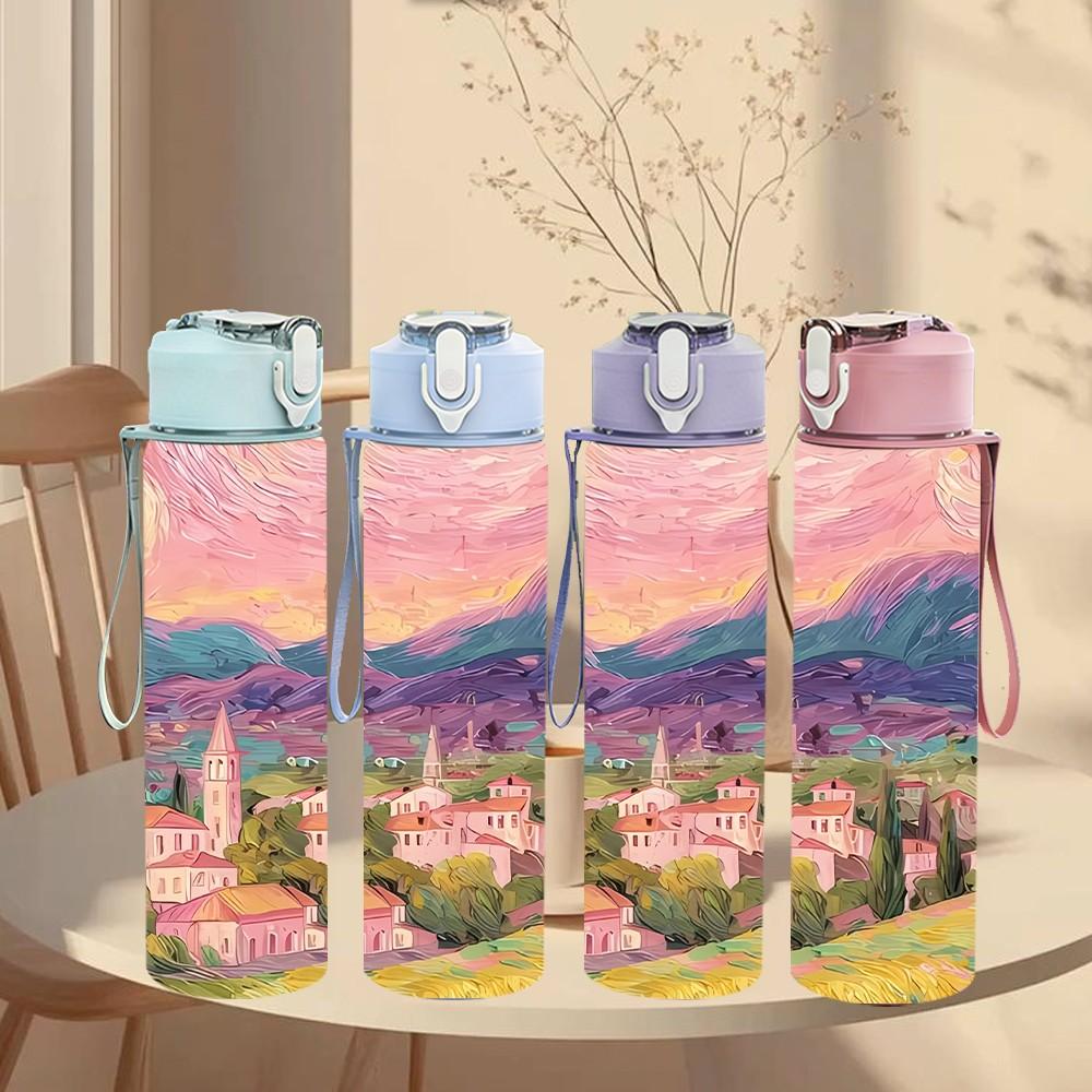 1PC Pink Sunset Mountain Village Landscape Art 750ml Color Plastic Sports Water Bottle Leakproof Flip Straw Lid Suitable for Sports Office Home Use