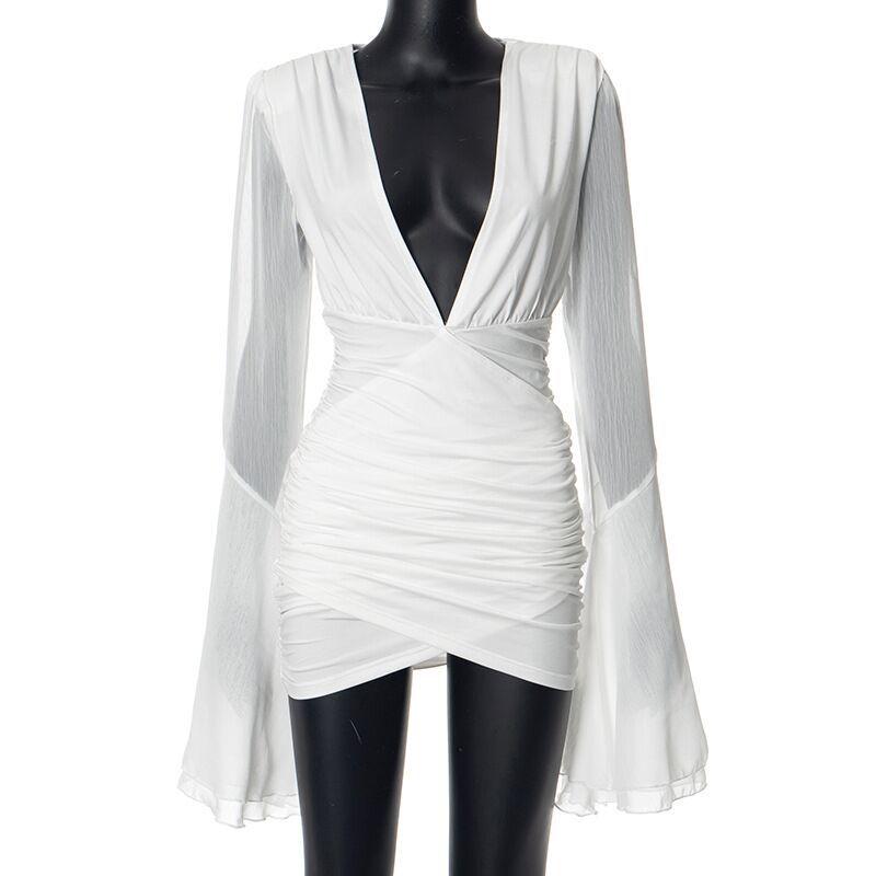 Autumn Sexy Deep V-neck Large Flared Sleeve Pleated Dress for Women