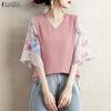 ZANZEA Damen Lässige V-Ausschnitt Print Patchwork 3/4 Ärmel Lockere Bluse