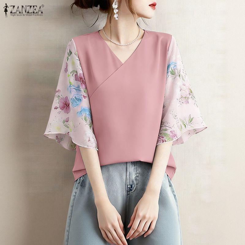 ZANZEA Damen Lässige V-Ausschnitt Print Patchwork 3/4 Ärmel Lockere Bluse
