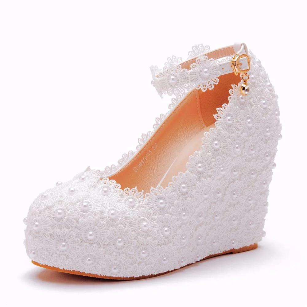 Fashion White Flower Wedding Shoes Lace Pearl High Heels Sweet Bride Dress Shoes Beading Wedges Shoes 11 CM Women Pumps