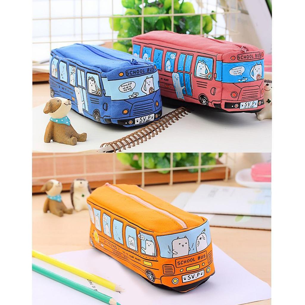 Cartoon Bus Shaped Pen Case Canvas Pen Bag Zippered Pen Pouches Big Capacity Pen Case Stationeries Organiser for Student
