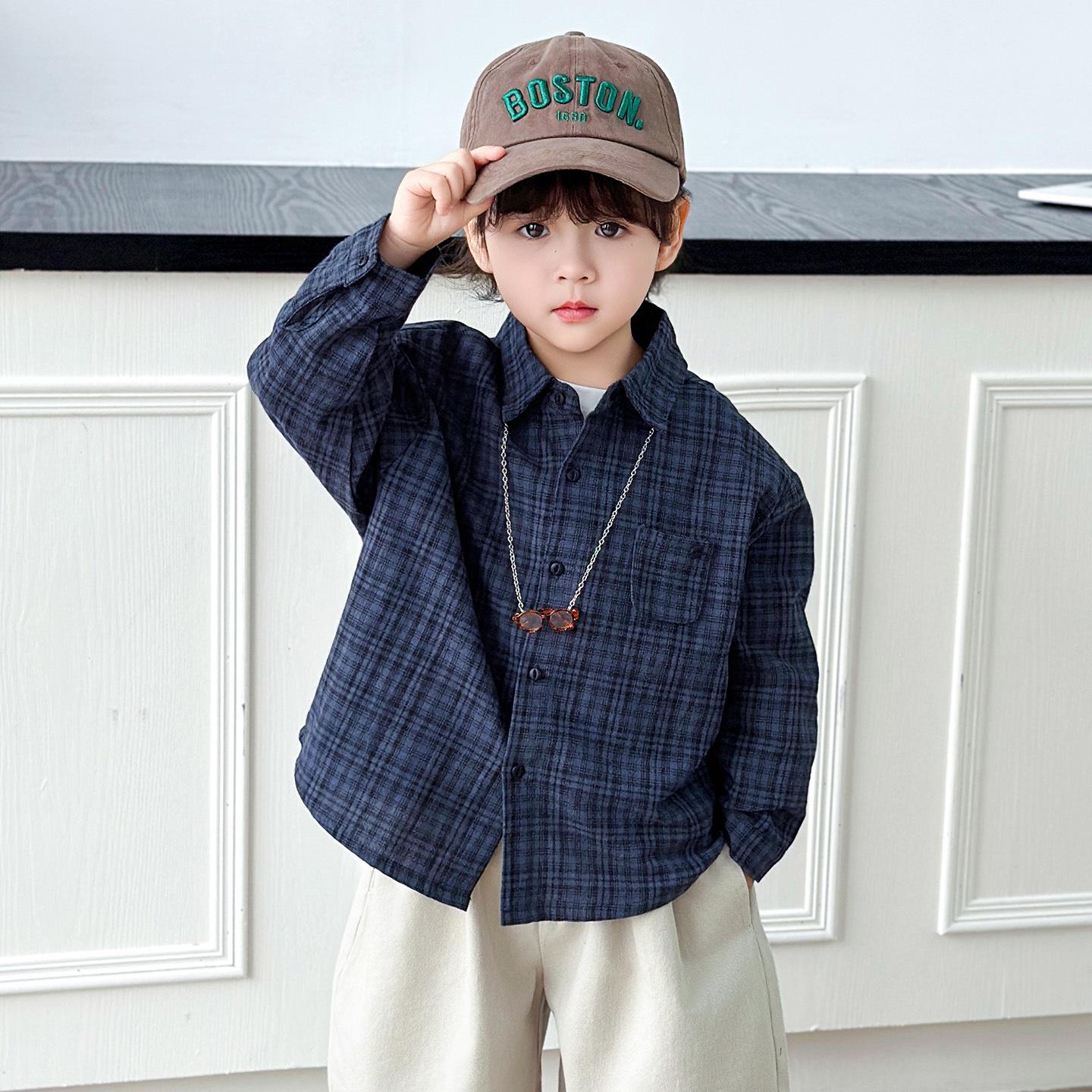 Korean Style 2026 Children s Retro Plaid Cotton Shirt for Boys & Girls - Purple, Long Sleeve, Casual Fit 150cm