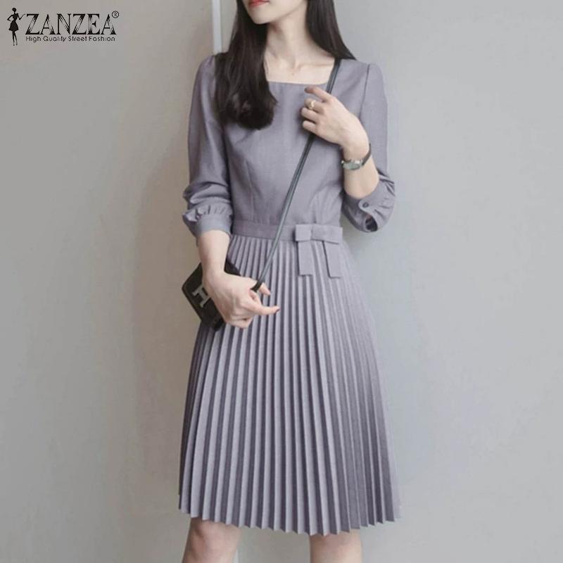 ZANZEA Women Square Neck Casual Long Sleeve Pleated Dress