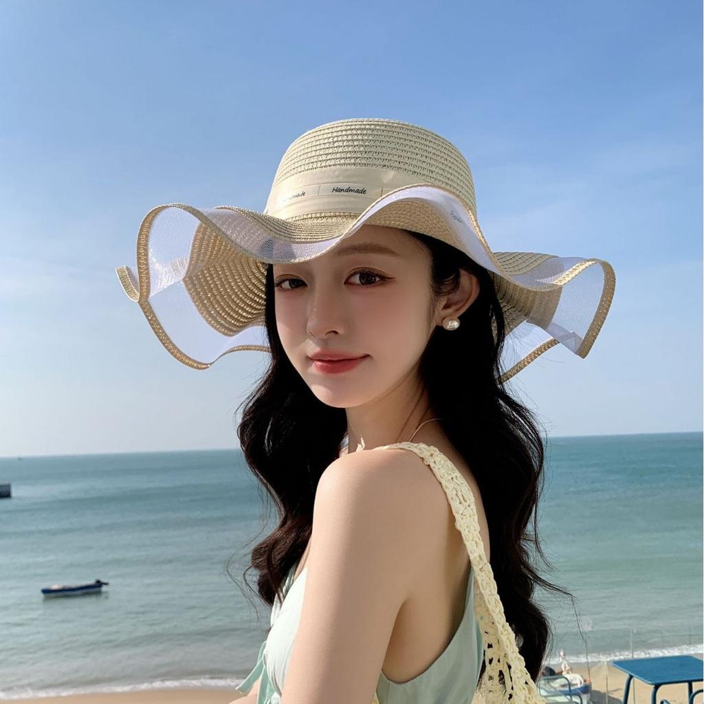 Bucket Hat Women'S Versatile Outdoor Leisure Beach Straw Hat Sun Protection Big Eaves Bow Shade Sun Hat