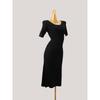 Summer Ice Silk Backless Slim fit Short sleeve Dress Rib Black Fashion Knitted A- line Skirt Women