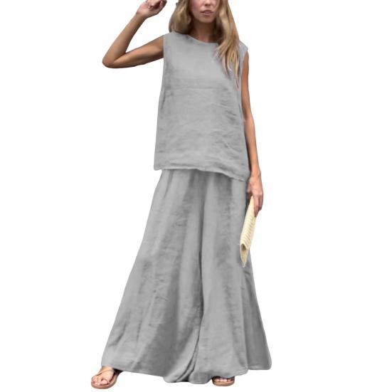 2-teiliges Sommer-Outfit für Damen, ärmelloses Tanktop und Hose mit weitem Bein, lässiges Lounge-Set aus Leinen und Baumwolle, passendes Strand-Set