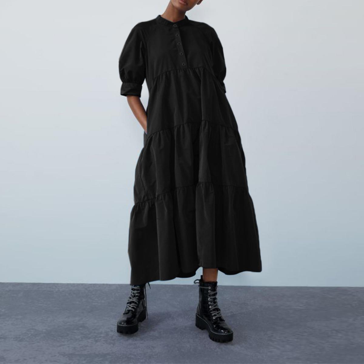 Women s Summer Boho Sleeveless Maxi Dress Vintage Puff Sleeve Loose Casual Long Dress S чёрный