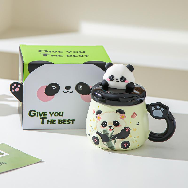 Cartoon Panda Mug with Lid Girl Cute Ceramic Office Home Couple Drinking Water Souvenir Birthday Gift