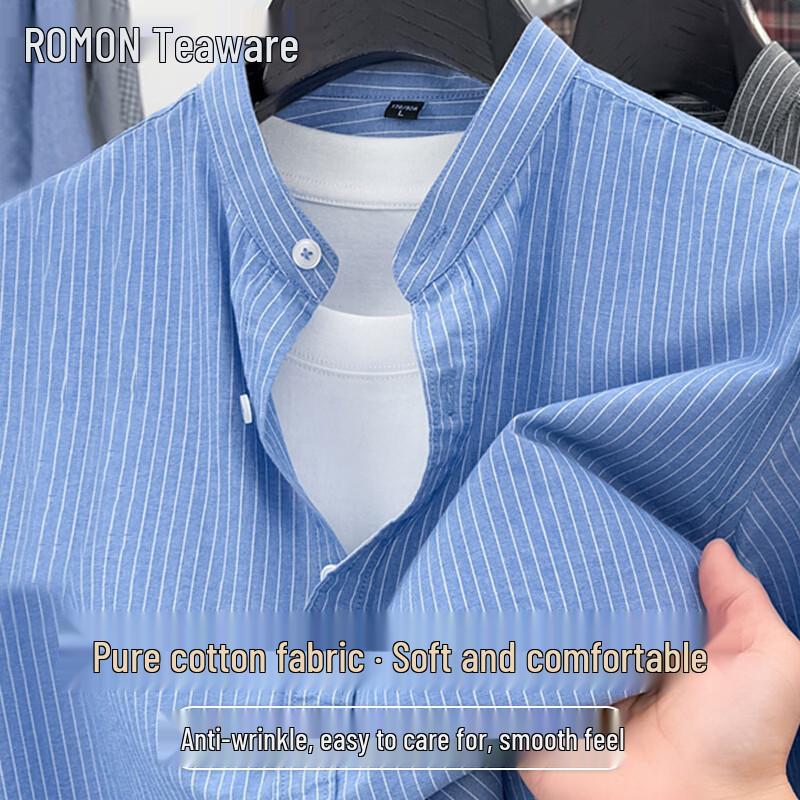 Romon Men s Striped Cotton-Linen Short Sleeve Shirt S