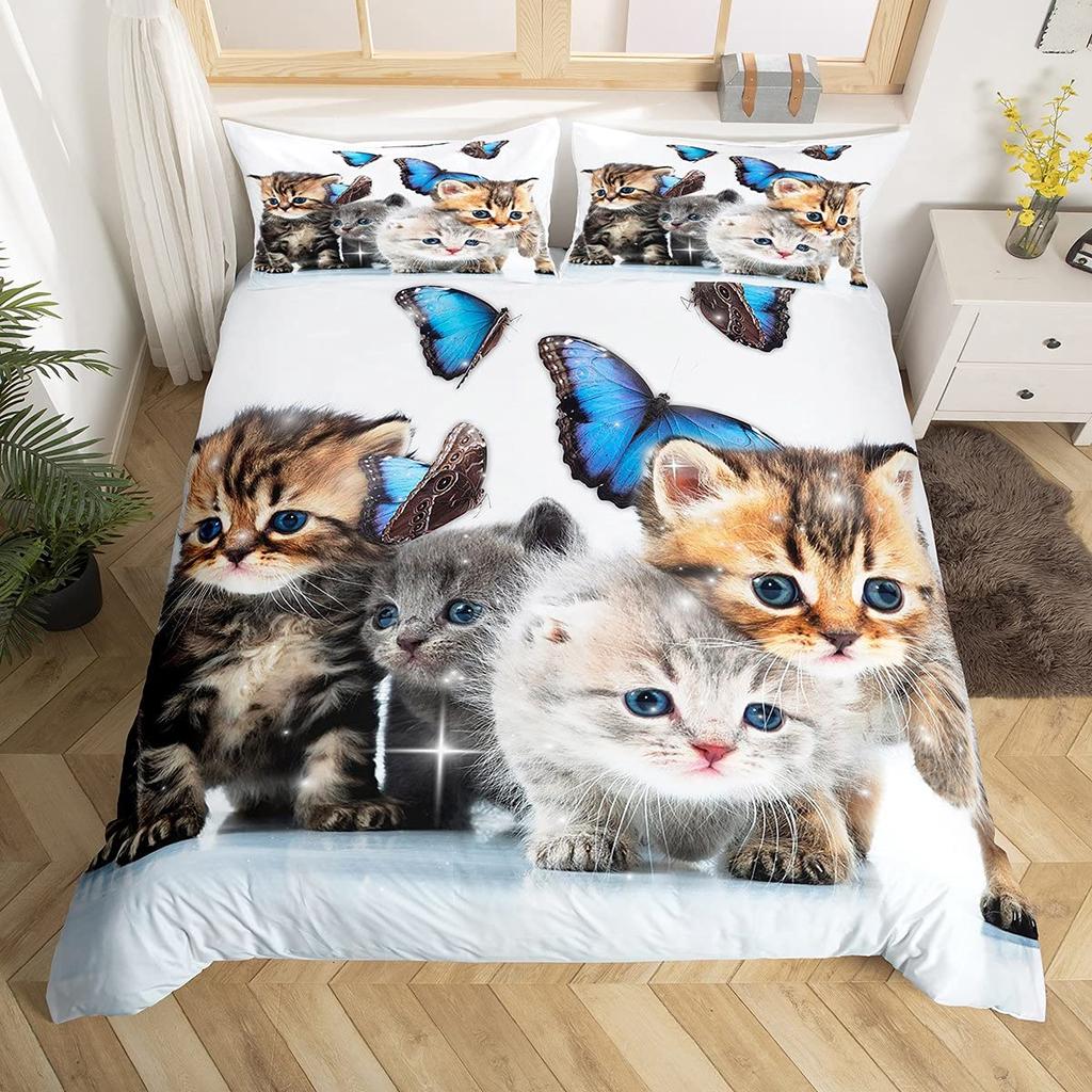 Cute Kitten Bedding For Girls Boys Black Cat Pattern 3 Piece Decorative Duvet Cover Set King Size Bedroom Decor Comforter Cover
