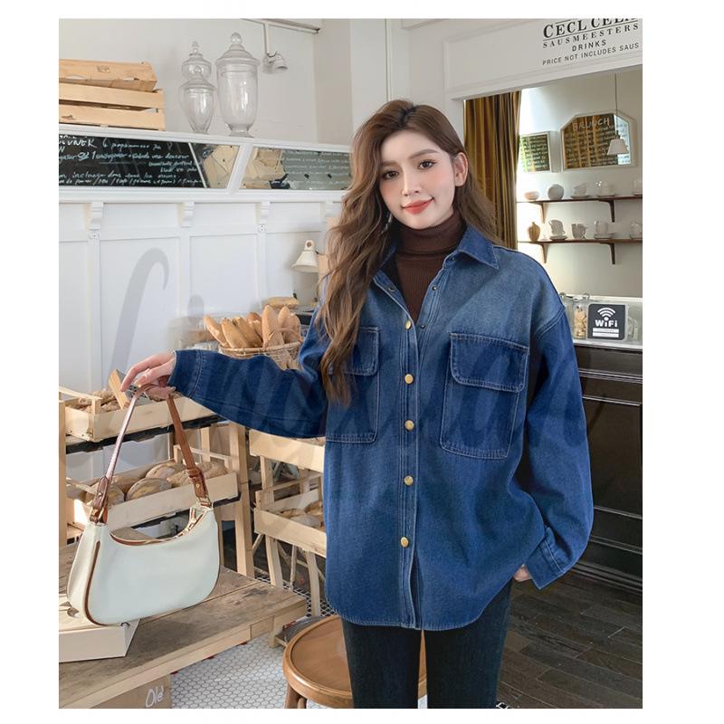 Korean Oversized Denim Shirt Jacket with Plus Velvet for Autumn/Winter Large