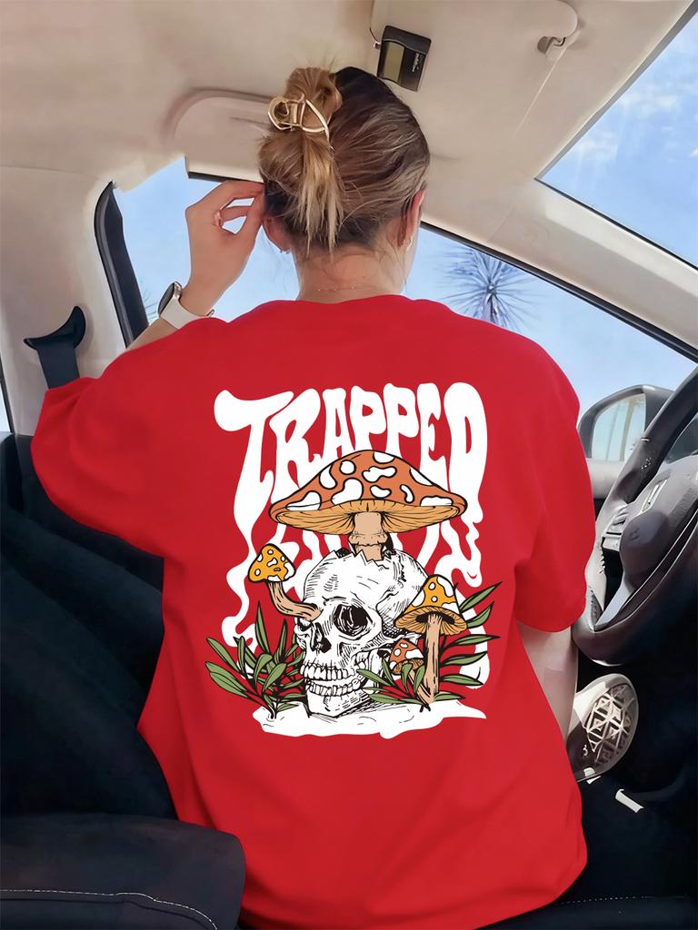 Mushrooms Grown Inside The Skull Printing TShirt Womens Basics Comfortable T Shirts Soft ONeck Tops Summer Loose Woman Clothes