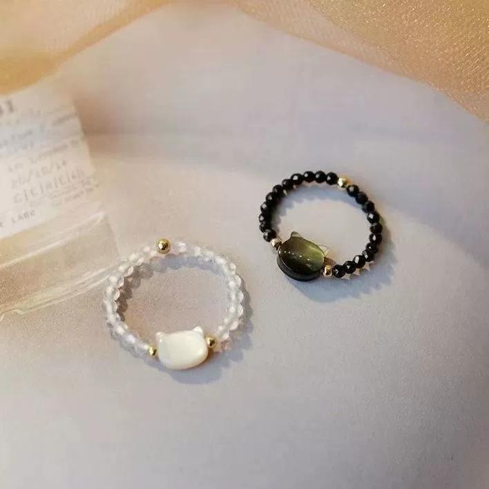 Fashion Natural Moonstone Obsidian Rings Minimalist Handmade Cute Black White Cat Bead Ring Women Party Accessories Jewelry Gift
