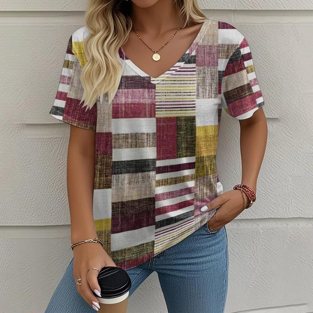Summer V-neck 3D Color Blocking Printed Top Fashionable Casual Short Sleeved Women's T-shirts