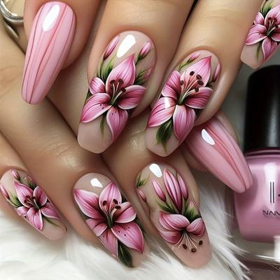 24 Pcs Flower Press On Nail Full Cover False Nail Floral Nail Art Manicure Glossy Artificial Nail Acrylic Stick On Nail