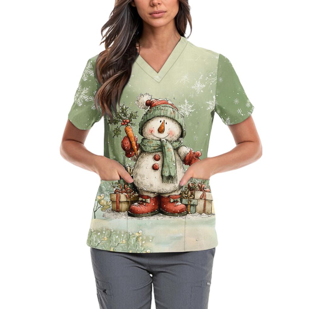 Women's Cute Bow Printed Work Clothes V-neck Double Layer Pockets Basic Short Sleeve Top Pullover